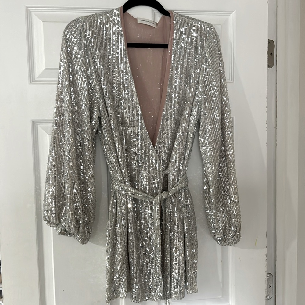 Goodnight Macaroon Silver Sequin Wrap Gown